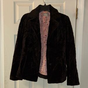 Women's Chocolate Brown Crushed Velvet Faux Fur Jacket Size XS